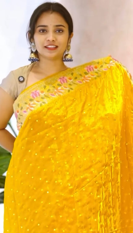 Soft Velvet Sarees With thread Embroidery Border - Mustard