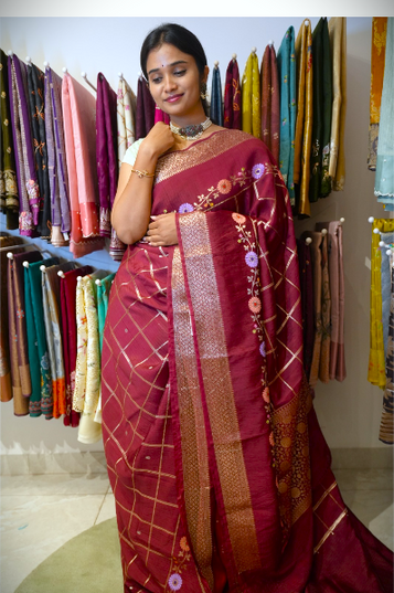 chiniya silk saree with zari checks ,meenakari work and zari border-maroon