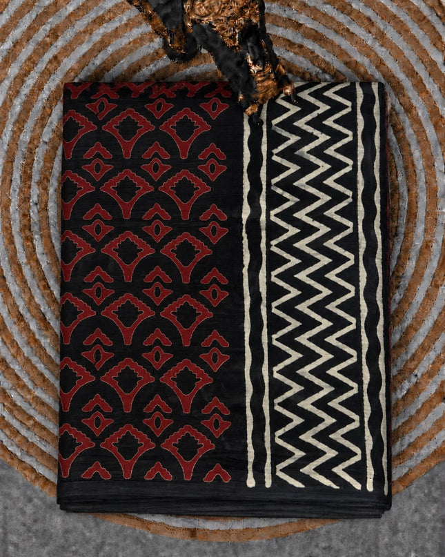 Mul Cotton Saree with Floral Print and Zig Zag Border - Black
