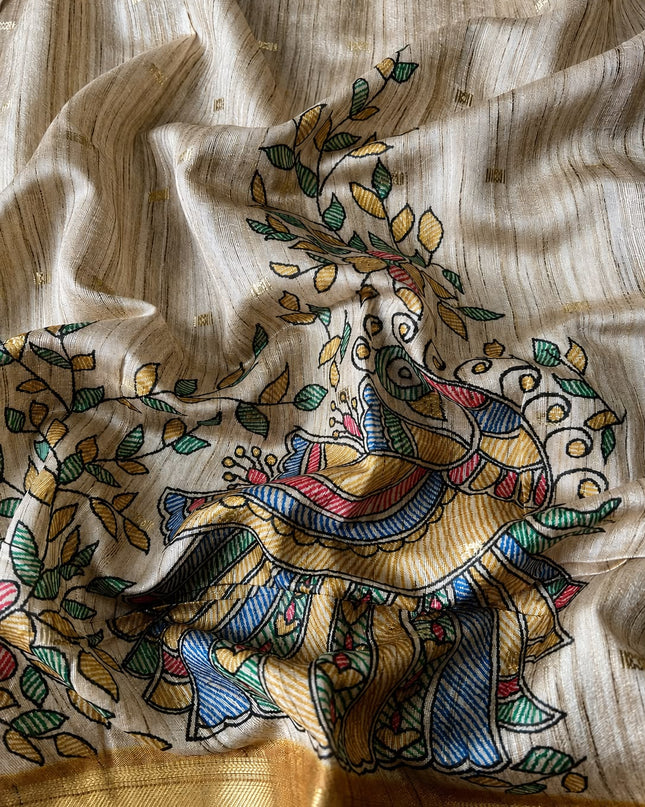 Tusser Saree With Floral Print  and small gold Buttes with and Golden Border  -Mustard