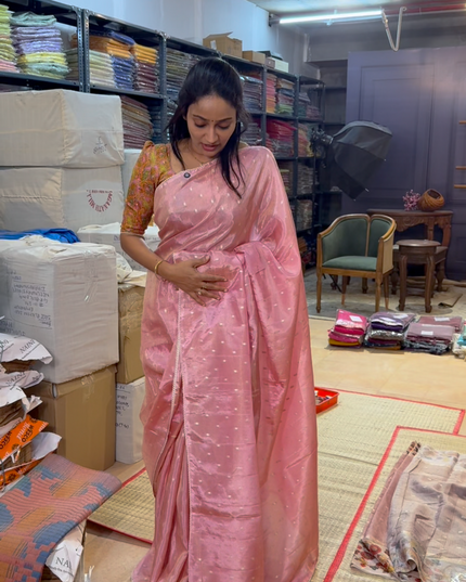 Tissue Georgette Saree With Small Golden Butties Border - Baby Pink