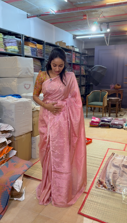 Tissue Georgette Saree With Small Golden Butties Border - Baby Pink