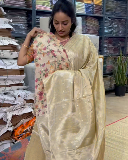 Tissue Georgette Saree With Small Golden Butties Border - Beige