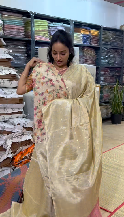 Tissue Georgette Saree With Small Golden Butties Border - Beige