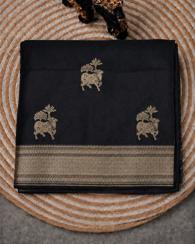 Mashru Banaras saree with Pichwai  Weaving Buttes and Kaddi Border - Black