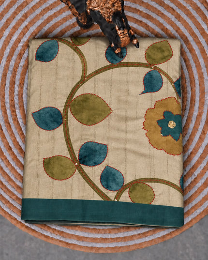 Tusser Saree with Floral and Peacock  Print with Kantha Work and contrast Border -  Tan & Green