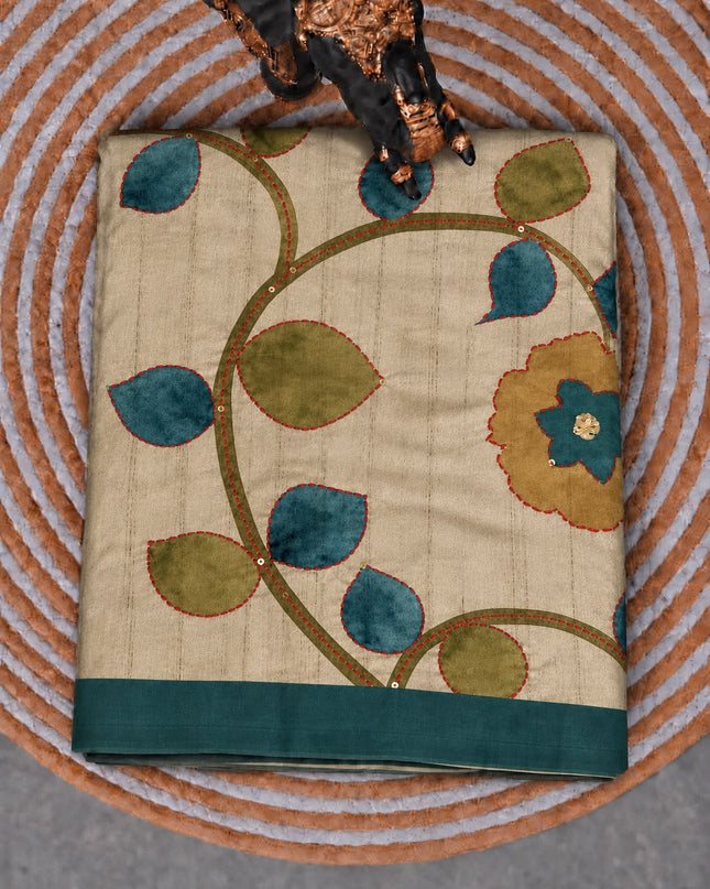 Tusser Saree with Floral and Peacock  Print with Kantha Work and contrast Border -  Tan & Green