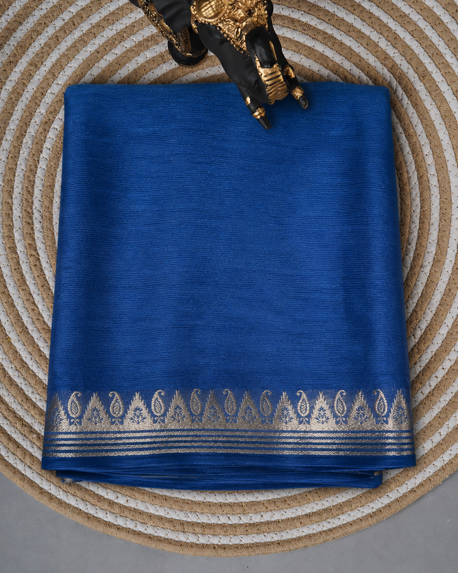 Crepe Saree with Golden Zari contrast Border - Peacock Blue