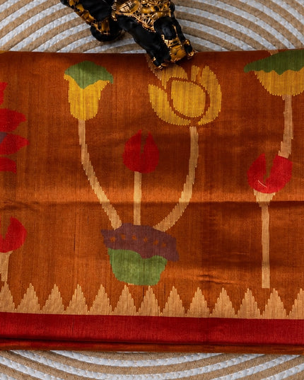 Tusser Jamdani Saree With  Contrast Border- Dark Mustard