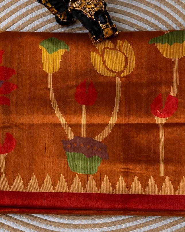 Tusser Jamdani Saree With  Contrast Border- Dark Mustard