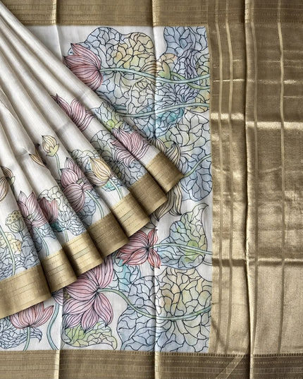 Jute Tissue Silk Saree With Floral Print and Contrast Border-  Beige