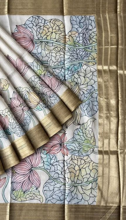 Jute Tissue Silk Saree With Floral Print and Contrast Border-  Beige