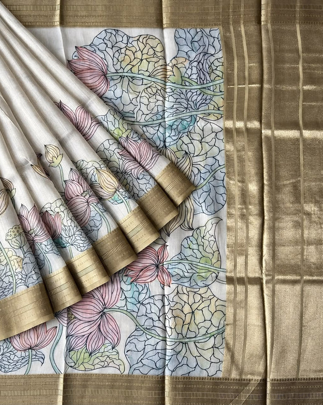 Jute Tissue Silk Saree With Floral Print and Contrast Border-  Beige
