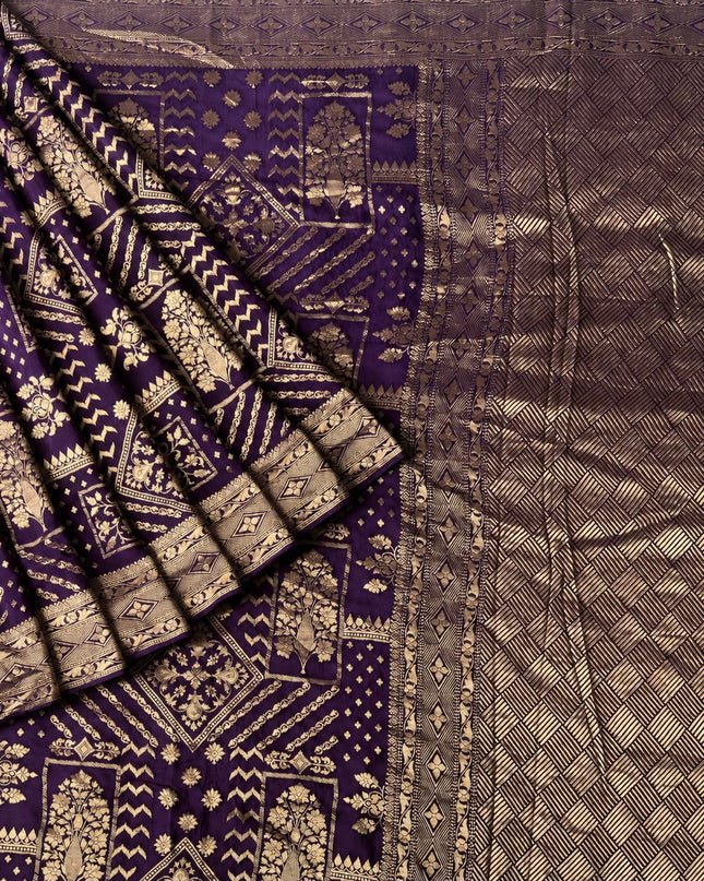 Munga Georgette saree with all over Antic Gold Zari Weaving  - violet