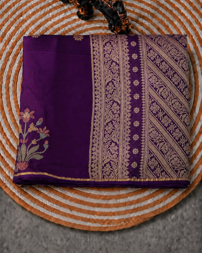 Manipuri kota  Gold and silver  Zari weaving Buttis  with Satin Border - Violet