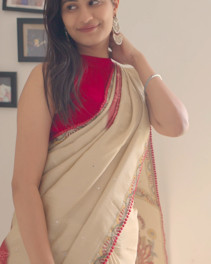 Crepe Tissue Saree With Kalamkari Pallu Mirror Work & Scallop Border - Beige