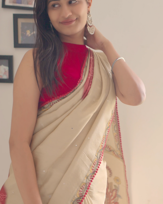 Crepe Tissue Saree With Kalamkari Pallu Mirror Work & Scallop Border - Beige