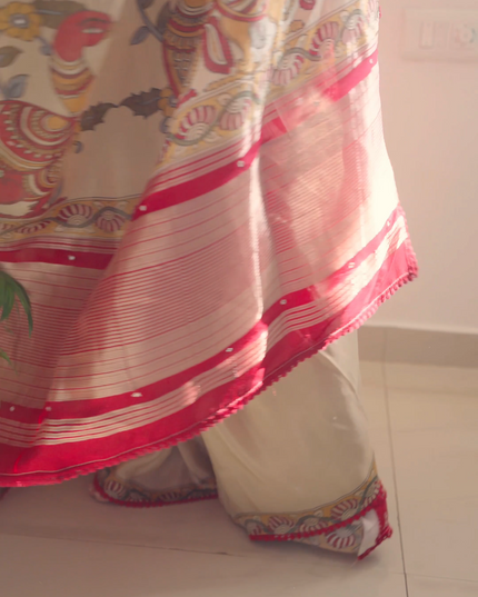 Crepe Tissue Saree With Kalamkari Pallu Mirror Work & Scallop Border - Beige