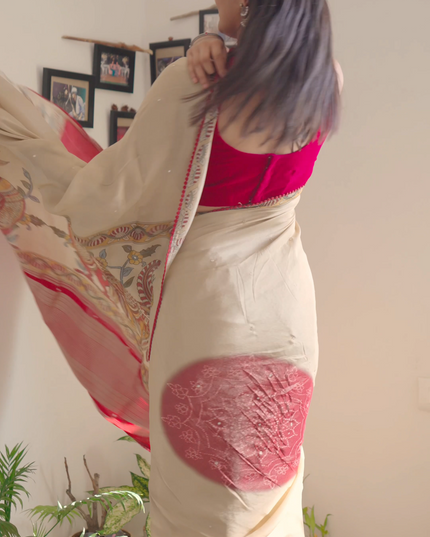 Crepe Tissue Saree With Kalamkari Pallu Mirror Work & Scallop Border - Beige