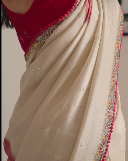 Crepe Tissue Saree With Kalamkari Pallu Mirror Work & Scallop Border - Beige