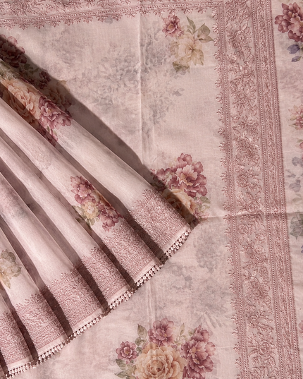 Silk Kota Saree with Floral Print and Thread Embroidery work Border with Lace - Light Pink