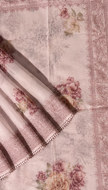 Silk Kota Saree with Floral Print and Thread Embroidery work Border with Lace - Light Pink