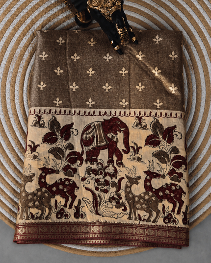 Munga Silk Saree With Floral Print and Kalmkari Border - Light  grey