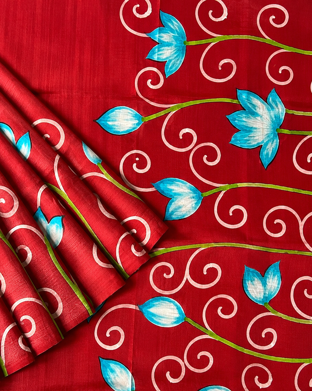 pure Silk Saree With Hand Painting - Maroon