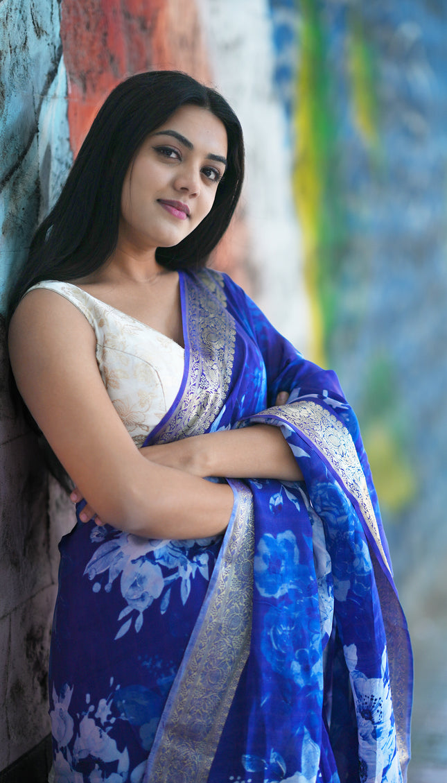 Binny Crepe Saree Floral Print With Golden Zari Border - Royal Blue