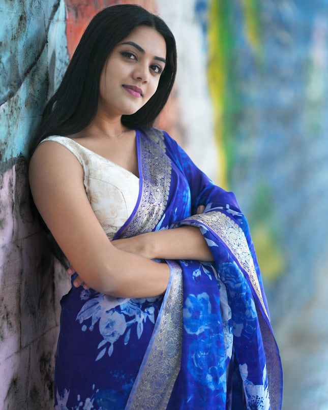 Binny Crepe Saree Floral Print With Golden Zari Border - Royal Blue