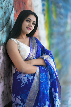 Binny Crepe Saree Floral Print With Golden Zari Border - Royal Blue