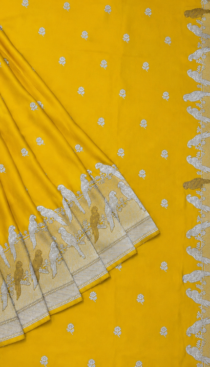 Mashru Banaras saree with Silver butties and Silver Kaddi border - Yellow
