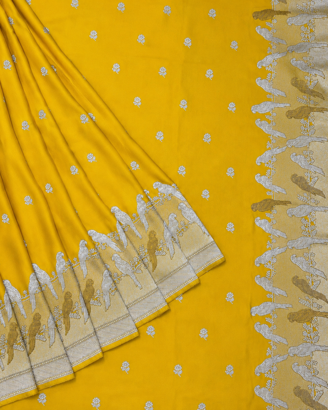 Mashru Banaras saree with Silver butties and Silver Kaddi border - Yellow