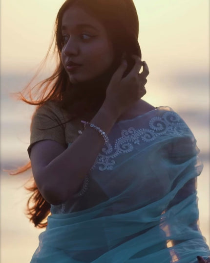 Soft Tissue Organza Saree with thread work scallop border - sea blue