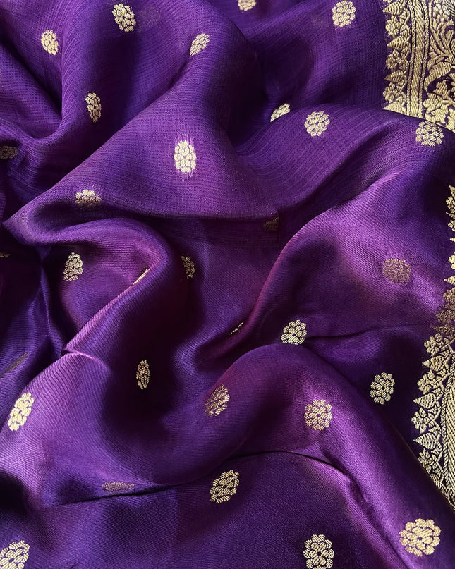 Manipuri kota  Gold and silver  Zari weaving Buttis  with Satin Border - Violet