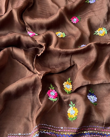 Russian Silk Saree with  Kantha Work - Coffee  Brown