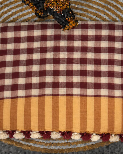 Cotton Saree With Checks Design and Tassels - Maroon