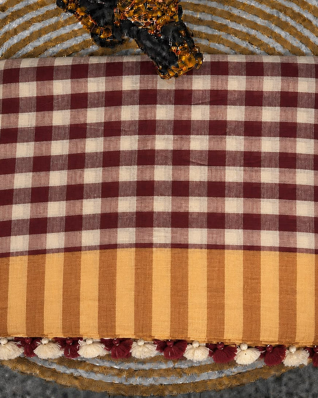 Cotton Saree With Checks Design and Tassels - Maroon
