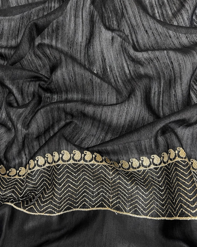 Jute Tusser Silk Saree With Cross Stich Work Border- Black