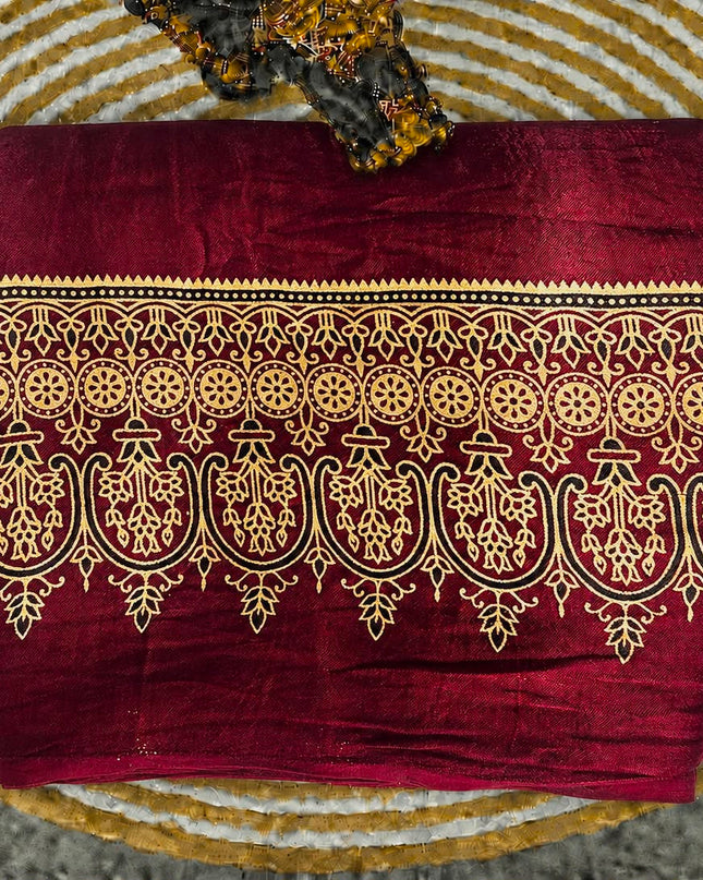 Modal silk saree with ajrakh Design and  Contrast Border -  Maroon