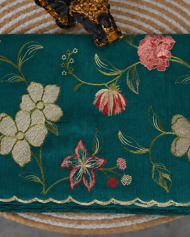 Jute Tusser Saree With All Over Thread Embroidery  Work Scallop Border - Green