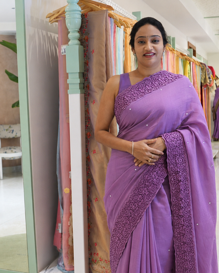 Mul  chanderi saree with Mirror Work with crosiaLace- Onion Pink