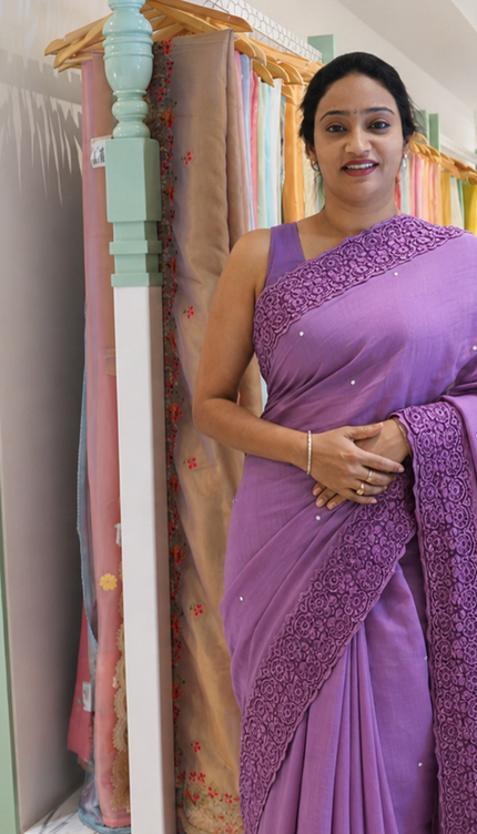 Mul  chanderi saree with Mirror Work with crosiaLace- Onion Pink
