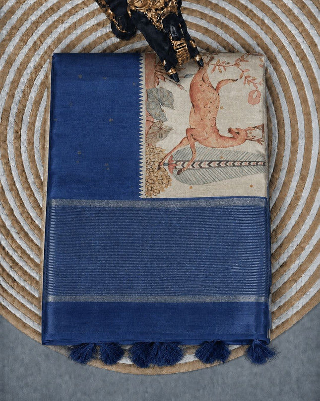 Tussar silk saree with digital print zari border - Blue