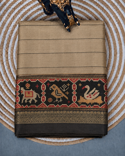 Munga Tusser Saree With  Stripes and  patola  Border - Beige