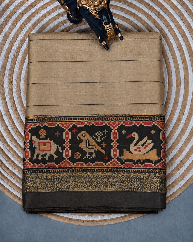 Munga Tusser Saree With  Stripes and  patola  Border - Beige