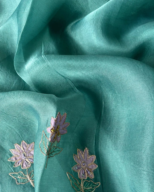 Soft Orznga Saree with Applique work And Ari Work with Scallop Border -  Sage Green