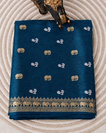 Munga Silk Saree With Gold and Silver Peacock and Elephant Butties Golden  Zari Elephant Design  Border - Peacock Blue