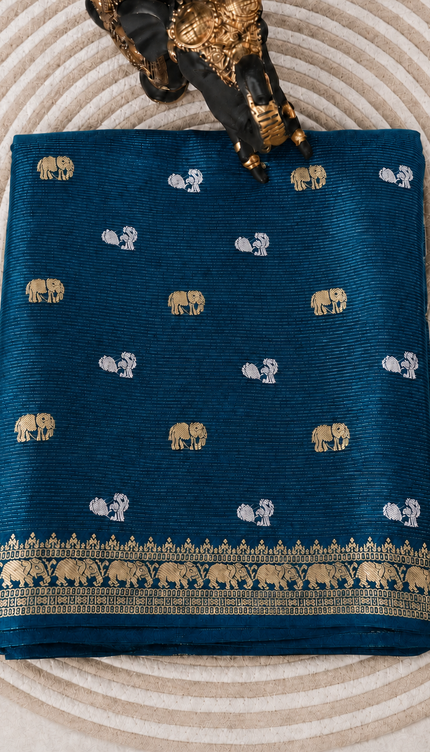 Munga Silk Saree With Gold and Silver Peacock and Elephant Butties Golden  Zari Elephant Design  Border - Peacock Blue
