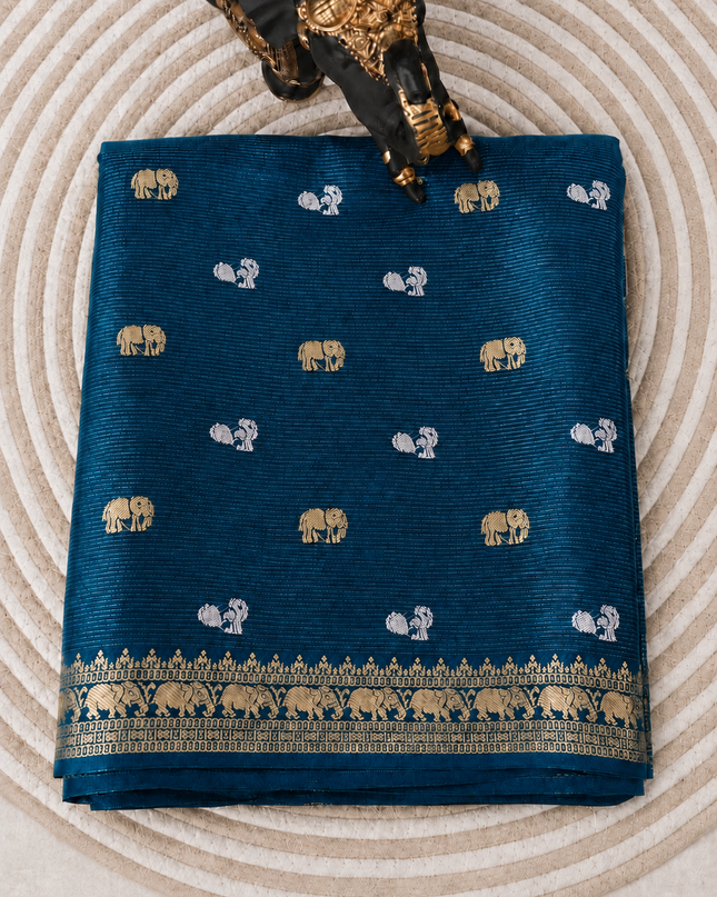 Munga Silk Saree With Gold and Silver Peacock and Elephant Butties Golden  Zari Elephant Design  Border - Peacock Blue